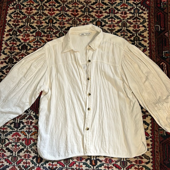 Zara Cream Color Long Linen Shirt Button Down - Picture 8 of 9